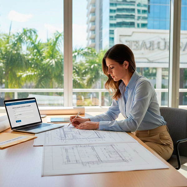 Permitask specialist reviewing commercial sign permit plans and municipal submittal documents in Florida