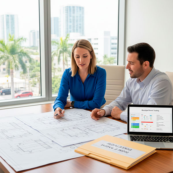 Permitask professionals coordinating commercial sign permit documents and municipal review process in Florida